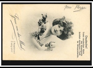 AK Gruss von der Mosel: Frau mit Weinglas - Trinkt deutschen Wein! LÖSNICH 1928