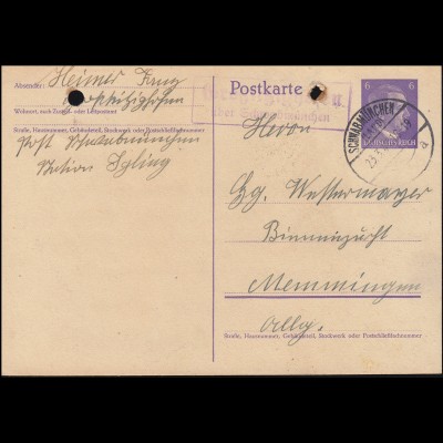 Landpost Großkitzinghofen über SCHWABMÜNCHEN 23.3.43 auf Postkarte P 299I