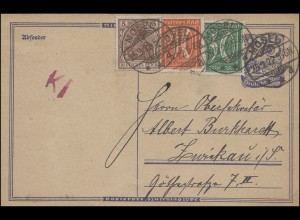 Postkarte P 146I Postreiter mit Zusatzfrankatur MOSEL 25.9.1922 nach Zwickau