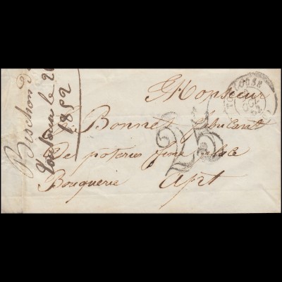 Frankreich Vorphilatelie Briefhülle TOULOUSE 22.10.1852 mit Großer 25 nach Apt