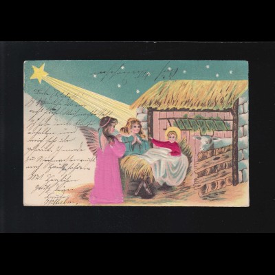 Jesu Kind in Krippe, Engel beten Tiere Heu Weihnachtsstern, Osnabrück 23.12.1904