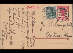 Postkarte P 115 Nationalversammlung mit Zusatzfr. KOLBERG 9.1.1920 nach Lindau
