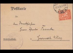 20 Dienst EF Postkarte Reichsarbeitsministerium BERLIN 21.10.20 n. Gernrode/Harz
