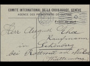 Kriegsgefangenpost Internationales Rotes Kreuz GENF 19.1.1915 nach Schömberg