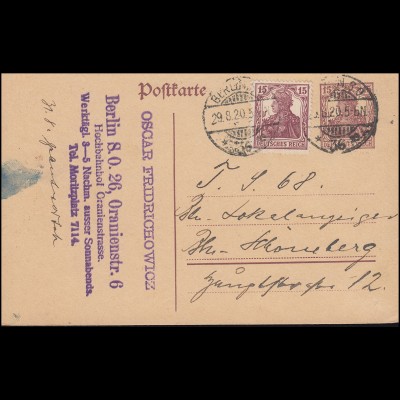 Postkarte P 116I mit 142 Germania 15 Pf. als Ort-PK BERLIN SO 36 e - 29.8.1920
