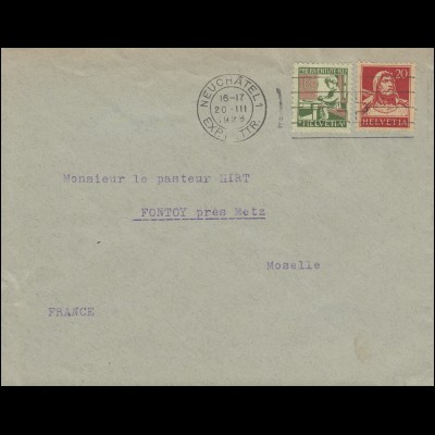 Schweiz 206 Tell mit Armbrust + 223 Pestalozzi Brief NEUCHATEL 20.3.1928 