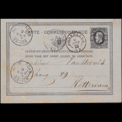 Belgien Postkarte P 8 König Leopold aus BRÜSSEL 9.11.1875 nach ROTTERDAM 9.11.75