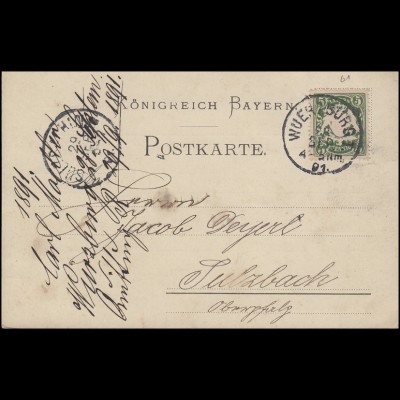 Bayern 5 Pfennig Wappen EF Postkarte WÜRZBURG I. - 28.9.91 nach SULZBACH 29.9.91