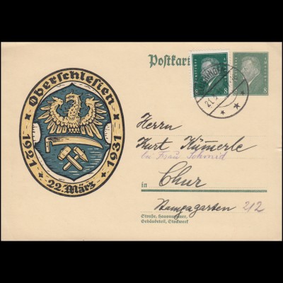 P 190 Volksabstimmung in Oberschlesien mit Zusatzfrankatur PLOCHINGEN 21.3.1931