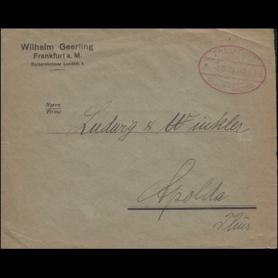 roter Oval-Stempel Gebühr-bezahlt FRANKFURT/MAIN 8.9.1923 auf Brief nach Apolda