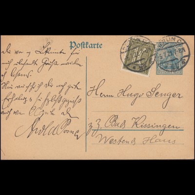 Postkarte P 120AI Germania 30 Pf. mit Zusatzfrankatur BERLIN C 25 g - 5.7.1921