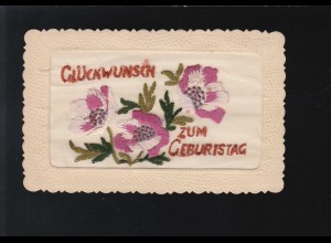 Glückwunsch zum Geburtstag, rosa weiße Blüten gestickt Feldpost 14.9.1942