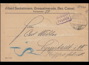 Infla-Notausgabe Gebühr-bezahlt-Stempel Postkarte GROSSALMERODE / CASSEL 1..9.23