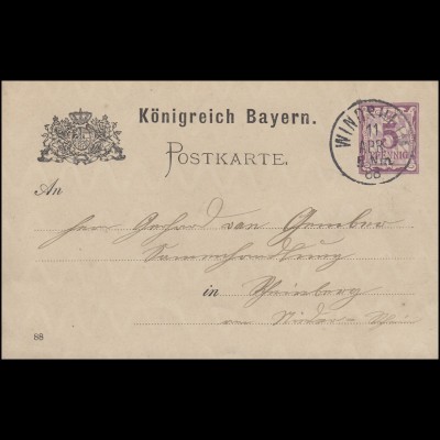Bayern Postkarte Ziffer 5 Pf lila ohne DV: WINDSHEIM 11.4.88 n. Rheinberg/Rhin