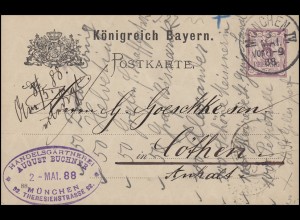Bayern Postkarte Ziffer 5 Pf lila DV 88: MÜNCHEN IV. 3.5.88 nach Köthen/Anhalt