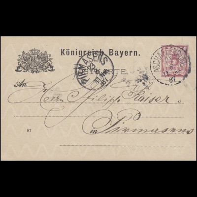 Bayern Postkarte Ziffer 5 Pf lila DV 87: ASCHAFFENBURG 23.8.87 nach Pirmasens