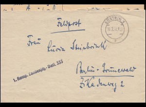 Feldpost Einzeiler 1. Komp. Landessch.-Batl. 333 Brief KÜSTRIN 19.7.40 n. Berlin