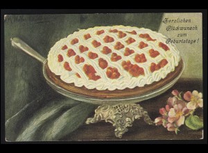 AK Geburtstagstorte mit Erdbeeren und Sahne, WYK (FÖHR) 8.10.1908