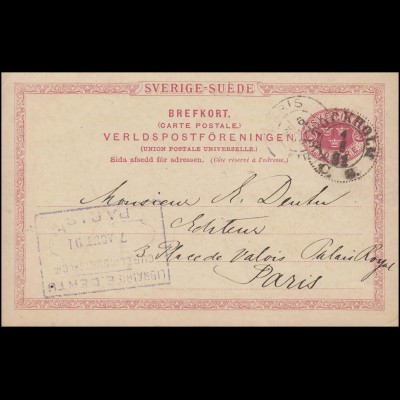 Postkarte P 20 SVERIGE-SUEDE 10 Öre, STOCKHOLM 1.8.1891 nach PARIS 6.8.91