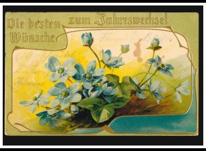 Prägekarte Neujahr Veilchenpflanze, HANNOVER 31.12.1903 nach DISSEN 1.4.1904