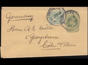 Großbritannien Streifband S 13 Eduard mit Zusatzfr. LONDON 27.1.1910 nach Köln