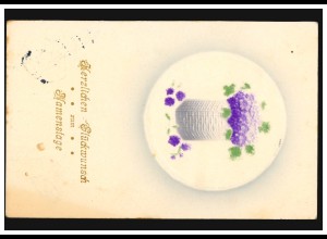 Prägekarte Namenstag Vierblättrige Kleeblätter mit Veilchen im Korb, CÖLN 1912
