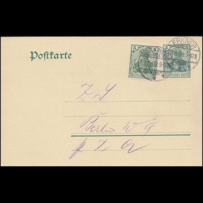 Postkarte P 78 Germania 5 Pf. von ERKNER 29.6.1909 nach Berlin