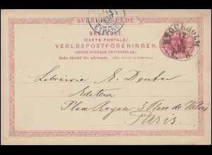 Postkarte P 20 SVERIGE-SUEDE 10 Öre, STOCKHOLM 12.8.1891 nach PARIS 14.8.91
