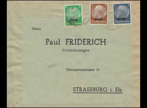 Elsaß 1-3 Hindenburg mit Aufdruck 3, 4, und 5 Pf. MiF auf Brief Strassburg 1941