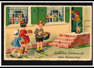 Ansichtskarte Namenstag Kinder bringen Geschenke Kuchen Blumen, WIEN 19.3.1937