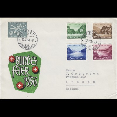 627-631 Pro Patria 1956 auf Schmuck-Brief Bundesfeier ZÜRICH 12.6.56 n. Holland