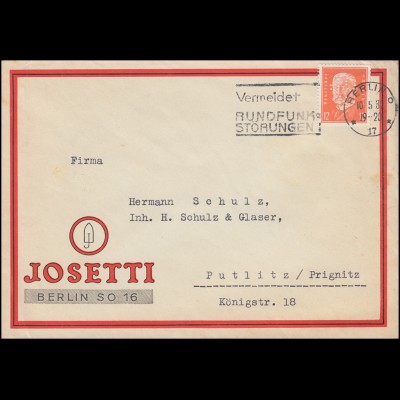 Firmenlochung JOS auf 466 Hindenburg 12 Pf. als EF auf Brief BERLIN 10.5.32