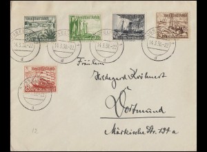 651-655 WHW Schiffe 3 bis 8 Pf auf Brief, 5 Werte, DÜSSELDORF 14.3.1938