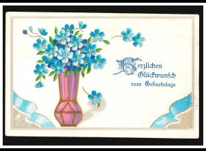 Prägekarte Geburtstag Vase mit Veilchen, REMSCHEID 16.11.1908