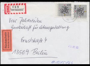 1805 Heinrich der Löwe als MeF auf Rückschein-R-Brief NIEDERLEHME 15.9.1995