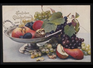 AK Geburtstagsgrüße Stillleben mit Obst und Früchten, LIEGAU-AUGUSTUSBAD 1912