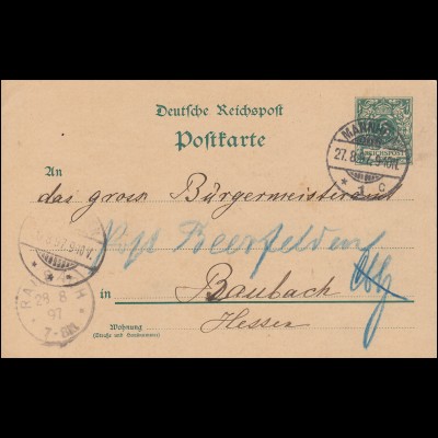 Postkarte P 36 Ziffer 5 Pf. ohne DV, MANNHEIM 27.8.1897 nach BAUBACH 28.8.97
