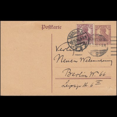 Postkarte P 116I mit 142 Germania 15 Pf. als Ort-PK BERLIN W 9 - 16.11.1920