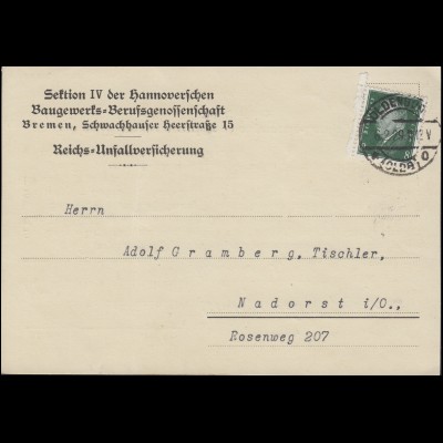 412 Ebert 8 Pf EF Postkarte Baugewerks-Berufsgenossenschaft OLDENBURG 6.2.1929