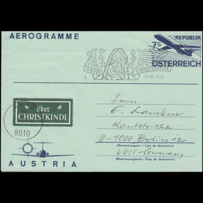 Österreich Aerogramme LF 17 mit SSt 4411 CHRISTKINDL Maria mit Kind 17.12.1977