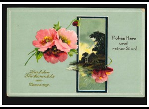 Ansichtskarte Namenstag Wassermühle und Blumen, gelaufen 