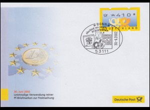 Euro-Einführung: SSt Bonn 30.6.02 Abschied von reinen Pf-Briefmarken, ATM 410 Pf