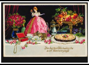 Ansichtskarte Namenstag Stillleben Kuchen Obst Puppe, KOLLBACH b. FRONTENHAUSEN