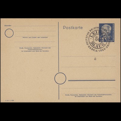 Postkarte P 45/1 Pieck 12 Pf. DV M 301 Z 4296 mit SSt LEIPZIG DEBRIA 30.8.50