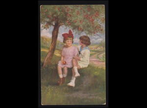 Künstler-AK Mager: Sei mir gut - Junge und Mädchen mit Apfelbaum, RATINGEN 1920