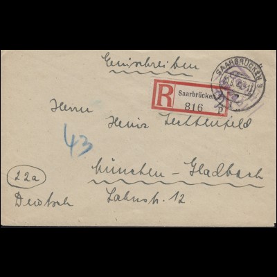 Saarland Gebühr-bezahlt-Stempel auf R-Brief SAARBRÜCKEN 3 - 20.8.1946