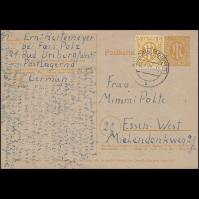 Postkarte P 905 mit Zusatzfrankatur BAD DRIBURG (WESTF) 30.3.46 nach Essen
