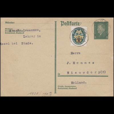 Postkarte P 180I Ebert 8 Pf. mit 428 Wappen 8 Pf. ASSEL Juli 1929 nach Holland