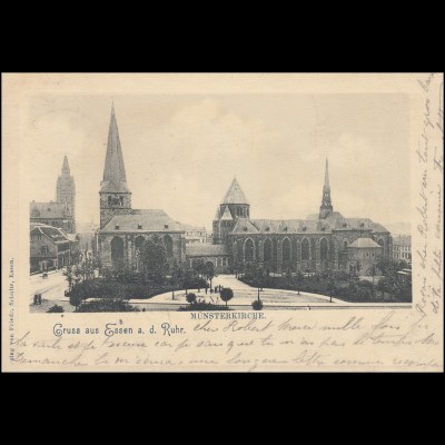 AK Gruss aus Essen a.d. Ruhr Münsterkirche, nach GELDERN 9.12.1900