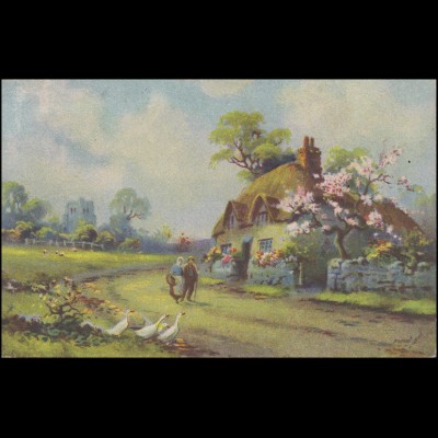 Ansichtskarte Gemälde Frühling im Dorf, EF DOBROWITZ 12.5.43 nach Komenského